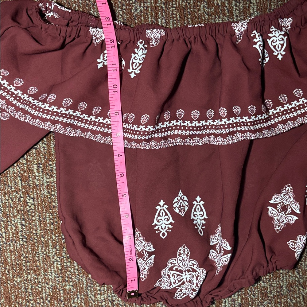 Boho crop top off the shoulder bohemian print ruffle neckline long sleeve top Xs - Picture 7 of 8